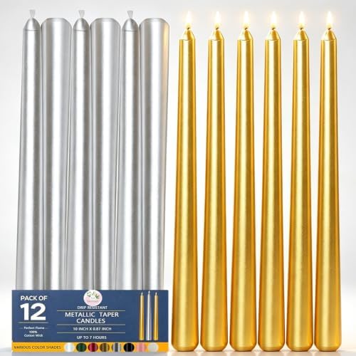 10 Inch Metallic Taper Candles - 6 Gold and 6 Silver, 7-8 Hrs Long Burning, Dripless Smokeless Unscented Candlesticks, Premium Wax Blend for Wedding Christmas Dinner Parties and Luxury Home Decor by Beilisen