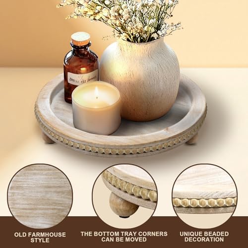 Larger Wood Round Tray for Wooden Coffee Table Decor, Wood Raise Candle Tray Holder Plate, Farmhouse Decorative Trays, Rustic Serving Tray for Kitchen Table, Home Decor, Living Room, Wash White, 13" - Image 4
