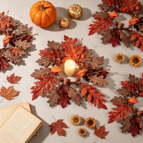 4 PCS Fall Maple Leaves Candle Ring Wreaths Autumn Wooden Leaves Candle Holder Rings with Acorns Berries Lantern Fruit Thanksgiving Harvest Wreath for Pillar Candles Farmhouse Table Centerpiece Decor - Image 2
