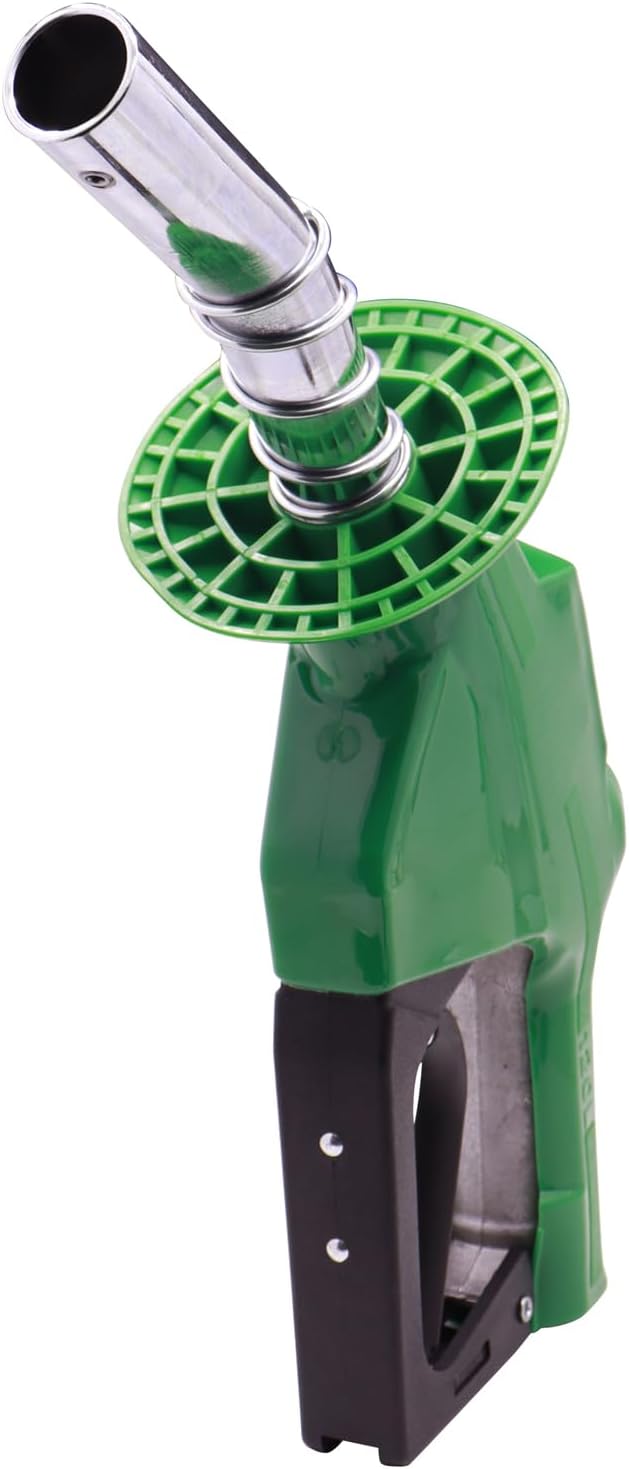 1" Inch NPT Fuel Nozzle Automatic Shut-Off Green Gas Pump Heavy Duty Nozzle with Fuel Hose Swivel & Splash Guard 19/16 Inches Spout (OD=30mm) Three Notch Hold Open Clip Used For Diesel Petrol