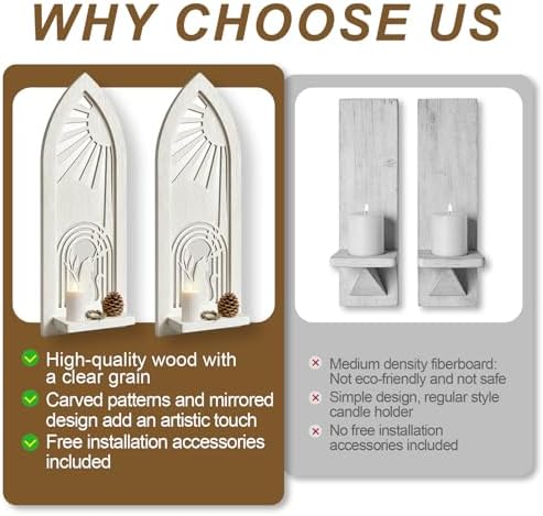ZEXUIRU 2 Set Rustic Candle Sconces Living Room Bedroom Entryway Wood Mirrored, Farmhouse, Carved Frame Wall-Mount Wooden Candle Holders Wall Decor Hanging Handmade Holder - Distressed White - Image 5