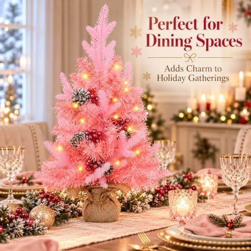 MEETYAMOR 2 FT Mini Christmas Tree, 24" Prelit Pink Small Artificial Tabletop Christmas Trees Decor with Timer, Outdoor Indoor Porch Table Centerpieces Xmas Christmas Decorations - Image 3
