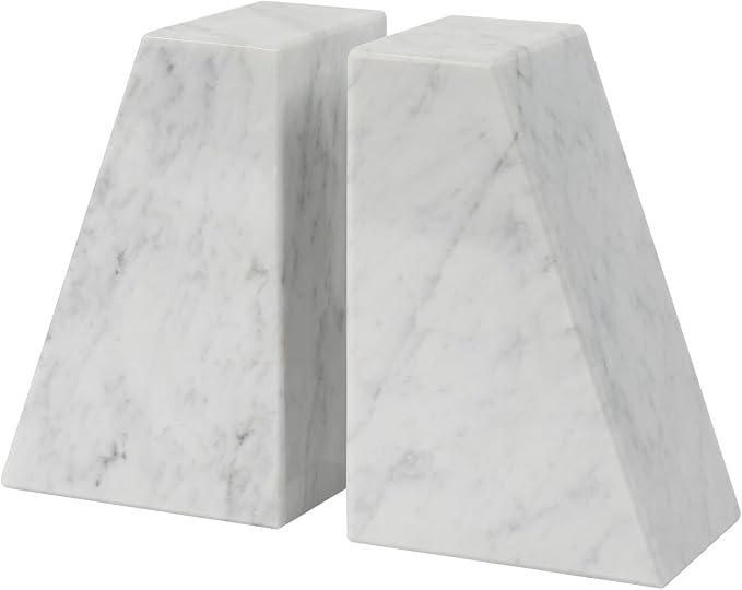 Marble Bookends for Shelves, Decorative Book Ends, 10lbs Heavy-Duty Marble Book Holders, Stone Bookshelf Decor, Carrara White