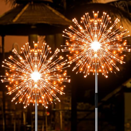 Solar Firework Lights, 2 Pack 120 LEDs 2 Lighting Modes Solar Garden Lights Outdoor Waterproof for Yard Patio Walkway Pathway Party Wedding Christmas Decorative - Orange by JJGoo