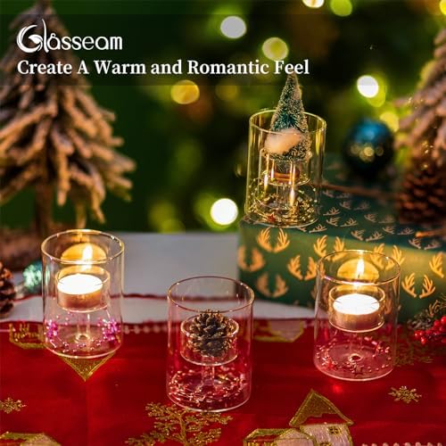 Glasseam Glass Tea Lights Candle Holder, 12 Pcs Cylinder Small Votive Decor - Image 2