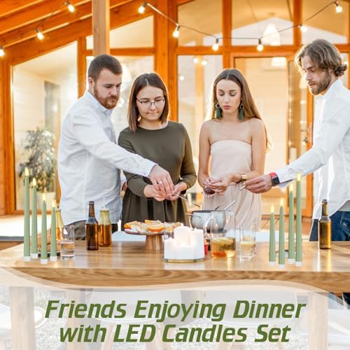 Rossesay 24 Pcs Flameless LED Taper Candles Battery Operated Candle 8.5", 9.65", 10.8", 12.8" Flameless Candlesticks Flickering for Christmas Church Wedding Indoor Decoration(Classic, Rat Tail Green) - Image 5