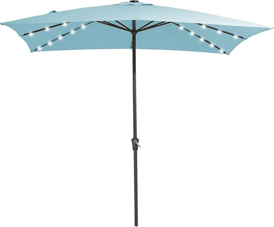 JEAREY 8x10 ft Rectangular LED Lighted Patio Umbrellas Outdoor Solar Table Market Umbrella w/Crank, 8 Sturdy Ribs, UV Protection Waterproof Sunproof(Lake Blue)
