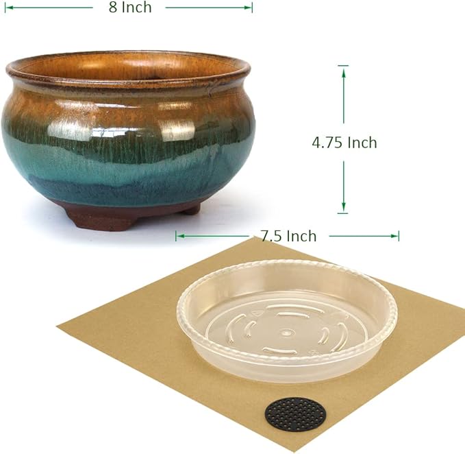 8 Inch Succulent Pot with Drainage and Saucer Glazed Terracotta Round Ceramic Succulent Planter Cactus Bonsai Plant Pot (Brown and Green)