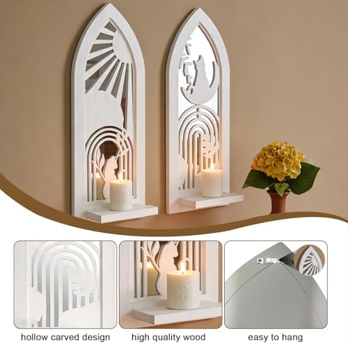 ZEXUIRU 2 Set Rustic Candle Sconces Living Room Bedroom Entryway Wood Mirrored, Farmhouse, Carved Frame Wall-Mount Wooden Candle Holders Wall Decor Hanging Handmade Holder - Distressed White - Image 7