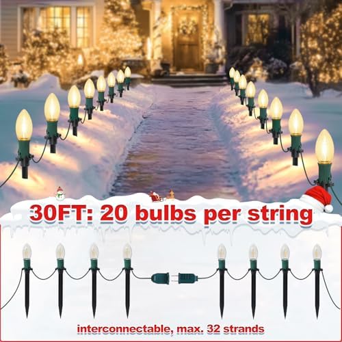 30Ft C9 Led 20 Bulbs Christmas Pathway Lights Outdoor, Warm White Led Bulbs Waterproof Connectable Christmas Walkway Lights with Stakes for Yard Lawn Sidewalk Driveway, Christmas Decorations - Image 6