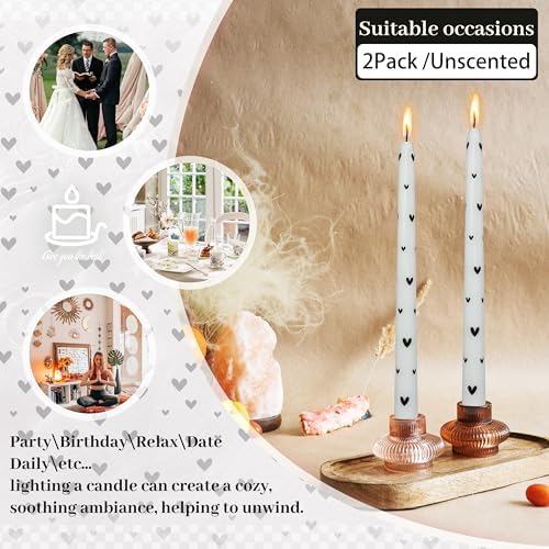 Black Little Heart Printed Taper Candles Smokeless - 2 pcs Handmade White Taper Candle Uncented Candle 10 inches Long Printed Tapered Candles for Home Party Wedding Restaurant Holiday Decor - Image 3