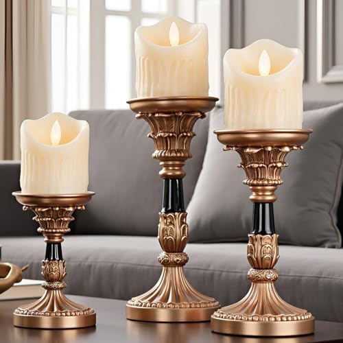 Resin Pillar Candle Holders Set of 3 – an Antique Gold Frame with Engraved Decorations (9", 7.5", 6") with 3.1" Tray & Velvet Anti-Slip Base for Table Centerpiece and Fireplace Mantel Decor by Restassuredtobuy
