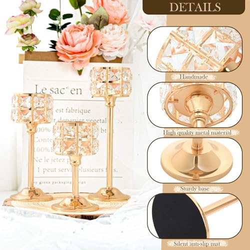 Crystal Metal Candle Holder, Square Crystal Beads Bling Tea Light Candlestick, Tall Votive Candelabra Elegant Centerpiece for Table Wedding Decoration, Home Decor (Gold, 4 Set (12pcs) - Image 2