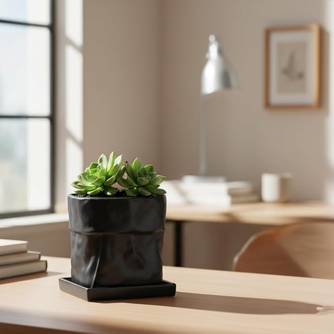 Nihow 6 Inch Ceramic Plant Pot with Drainage & Square Saucer,Black | Bag Shape Design,Indoor & Outdoor，Living room/Office/Bedroom/Windowsill/Tabletop，Plant Lovers/Gardeners/Beginners