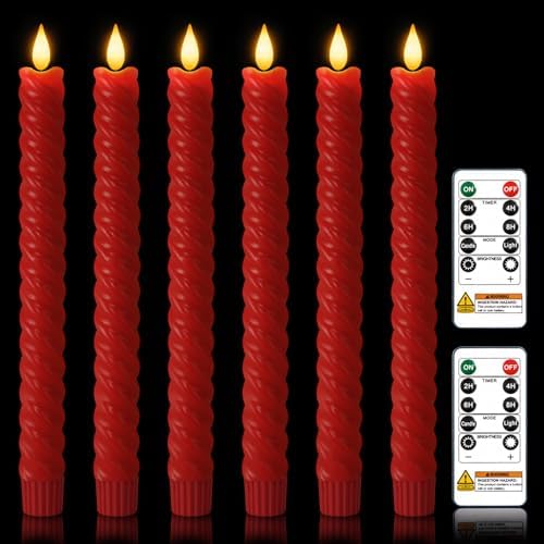 Red Spiral Flameless Taper Candles with Remote Control and Timer, 9.6 Inch Real Wax Battery Operated LED Candlesticks with Built-in Button, Fake Candle Sticks for Christmas Home Decor by meigic