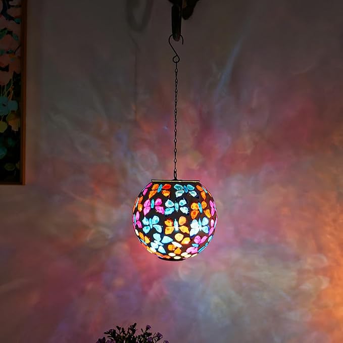 Solar Hanging Lanterns Red Blue Glass Mosaic Gazing Ball Globe Hanging Lantern Lights Outdoor Waterproof for Patio Garden Yard Home Decor (Colorful Butterfly)