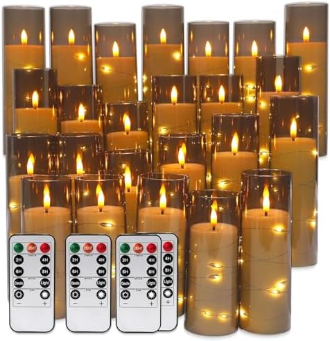 24 Pack Flameless LED Pillar Candles with Remote & Timer, Flickering Battery Operated Candles with Embedded Starry Lights, 3-Sizes Gray Acrylic Decorative Candles for Wedding, Home, Party Decor by Grcdoyvl