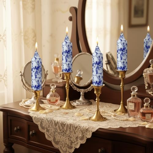 5 Inch Blue and White Tapered Candles Short Floral Candlesticks Hand Poured Unscented Smokeless Porcelain Candles for Dining Everyday Meals Family Dinner Elegance Blue White Porcelain Style - Image 6