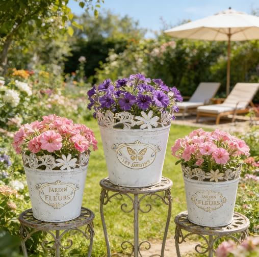 Set of 3 Vintage French Country Planters, Distressed White Metal Flower Pots with Lace Cutout Rim, Plant Pots for Succulents, Herbs, Indoor Outdoor Home Garden Decor (White - Set of 3)