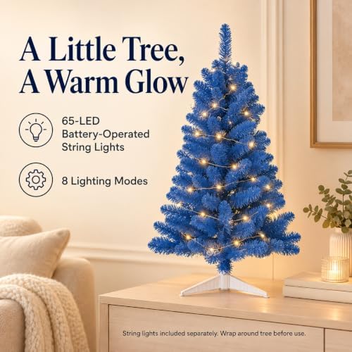 3FT Artificial Christmas Tree with String Lights – Tabletop Small Xmas Tree for Desk, Office, or Small Spaces – Full Branches, Easy Assembly, Holiday Decoration (Baby Blue) - Image 4