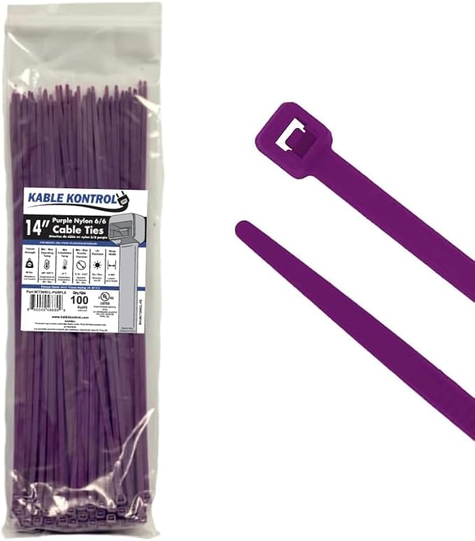 Kable Kontrol Purple Zip Ties 14 Inch 100 Pcs, 50 Lbs Tensile Strength, Self-locking Nylon Colored Cable Ties Wire Wraps for Indoor or Outdoor Use