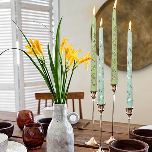 Printed Taper Candle Dripless Candles Sticks - 4 pcs Handmade Green Taper Candle 10 inches Long Tapered Candles for Home Party Wedding Restaurant Holiday Decor - Image 2