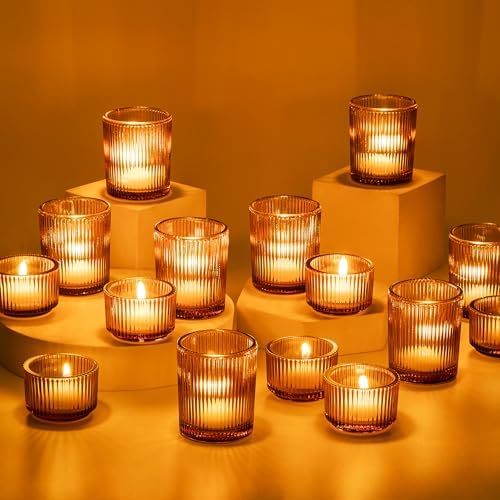Glasseam Glass Votive Candle Holders Bulk 24 Amber Ribbed Tealight for Fall by Glasseam
