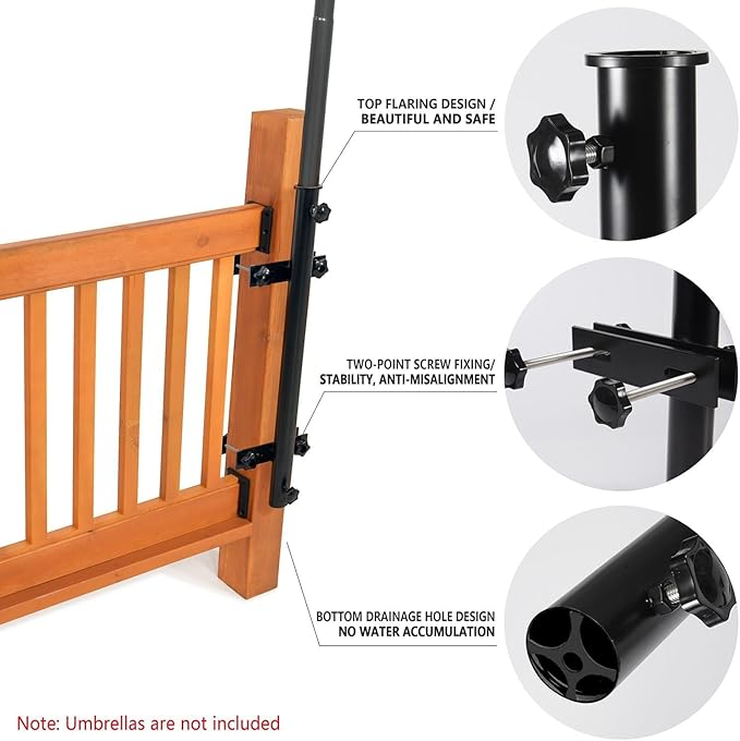 304 Stainless Steel Umbrella Holder for Deck Railing, Heavy-Duty Patio Umbrella Mount, Easy Installation Adjustable Outdoor Umbrellas Base(Post, Black)