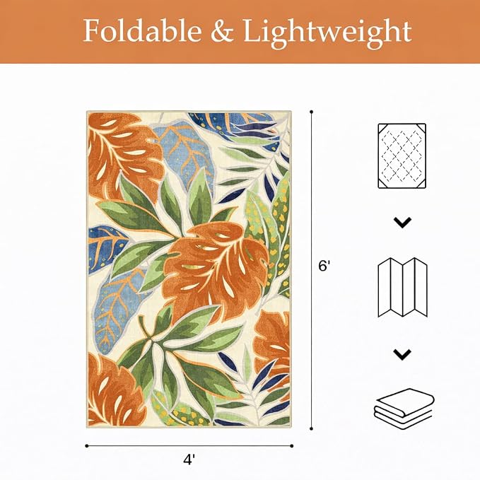 GENIMO Outdoor & Indoor Area Rug 4'x6', Waterproof, Non-Shedding, Easy Cleaning, Leaf Mat for Patio, Living Room, Balcony, Dining Room, RV, Deck, Bedroom, Camping, Outside Carpet, Rust Sage