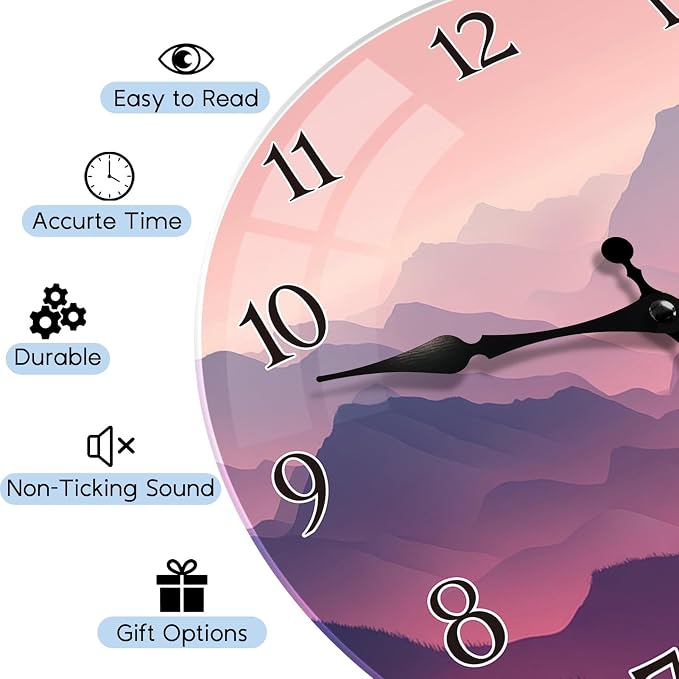 Britimes Round Wall Clock Silent Non-Ticking Battery Operated Outdoor Waterproof Glass Clock 12 Inch, Mountain Home Decor for Living Room, Kitchen, Bathroom, Bedroom, and Office