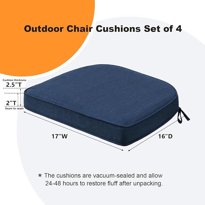 Unimatta Sunbrella Round Corner Seat Cushions, 17" x 16" x 2", Set of 4, Indoor Outdoor Water Repellent Universal Chair Pads with Ties for Patio Furniture, Garden Dining Chairs, Specrtum Indigo