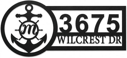 Custom Metal Address Sign Personalized House Number Plaque with Anchor Monogram Nautical Outdoor Address Marker for Front Door Porch Yard Gate Fence Wall Decor