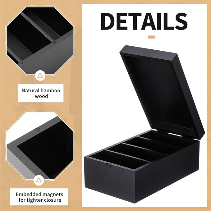 Henoyso 3 x 5 Inch Index Card Holder Set, Bamboo Organizer Box with 50 Dividers & 2 Sheets Alphabet Number Stickers File Note Holders, Holds 1200 Cards for Office Business Home Kitchen, Black