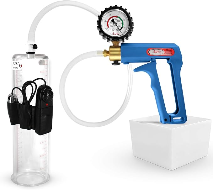 LeLuv Vibrating Penis Pump Maxi Blue Handle + Protected Gauge and Clear Hose - 9 inch Length x 2.25 inch Diameter Cylinder