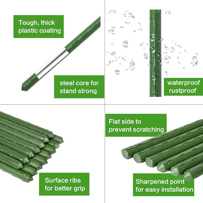 60inch/5ft Garden Stakes, 50pcs Plant Stakes, Plastic Coated & Steel Tube Plant Support, Sturdy Tomato Sticks for Garden