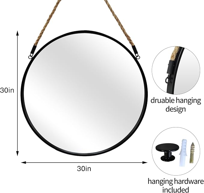 POZINO 30 Inch Large Round Hanging Mirror with Black Metal Frame | Circle HD Mirror with Jute Rope, Anti-Rust, Farmhouse Decorative Wall Mirror for Entryway, Living Room, Fireplace, Bathroom
