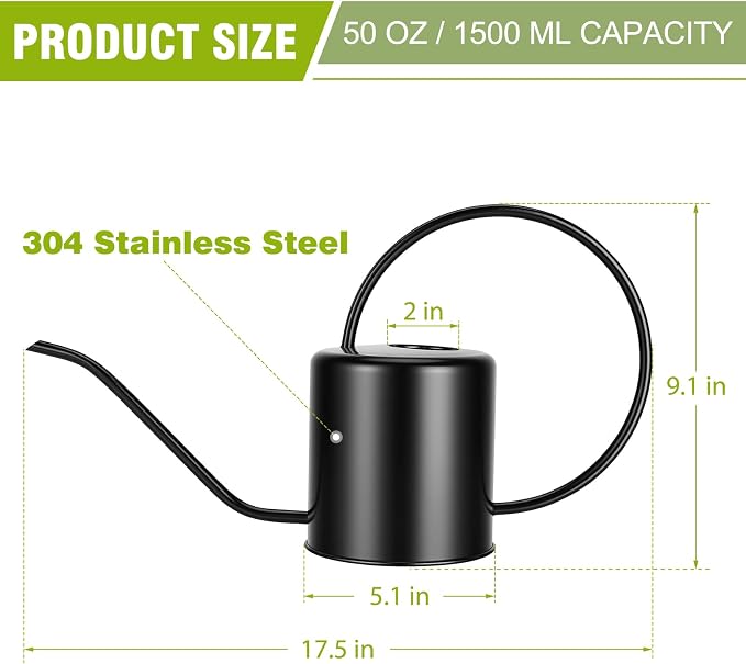 Plant Watering Can, 50 oz / 1500 ml Stainless Steel Metal - Modern Decorative with Long Spout for Indoor Potted Plants, Bonsai, Garden Flowers, Black