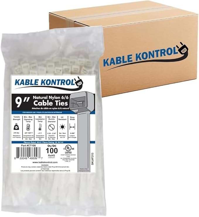 Kable Kontrol Cable Zip Ties Natural White 2,000 Pcs 9 Inch, 250 Lbs Tensile Strength, Bulk Pack, Self-locking Natural Nylon Clear Plastic Wire Ties wraps for Indoor or Outdoor Use