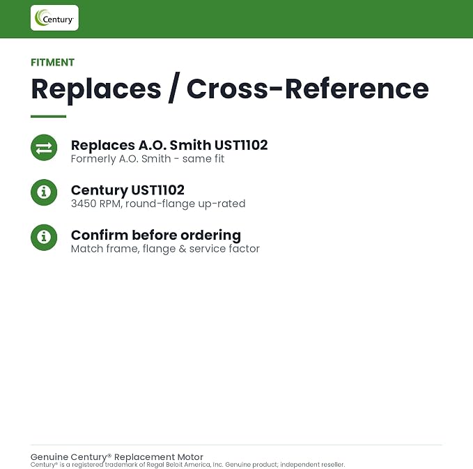 Century UST1102 1-Horsepower Up-Rated Round Flange Replacement Motor (Formerly A.O. Smith) | 56J round flange C-face, 5/8 in shaft, 7/16-20 right hand thread, CCW from the pump end, run capacitor not included
