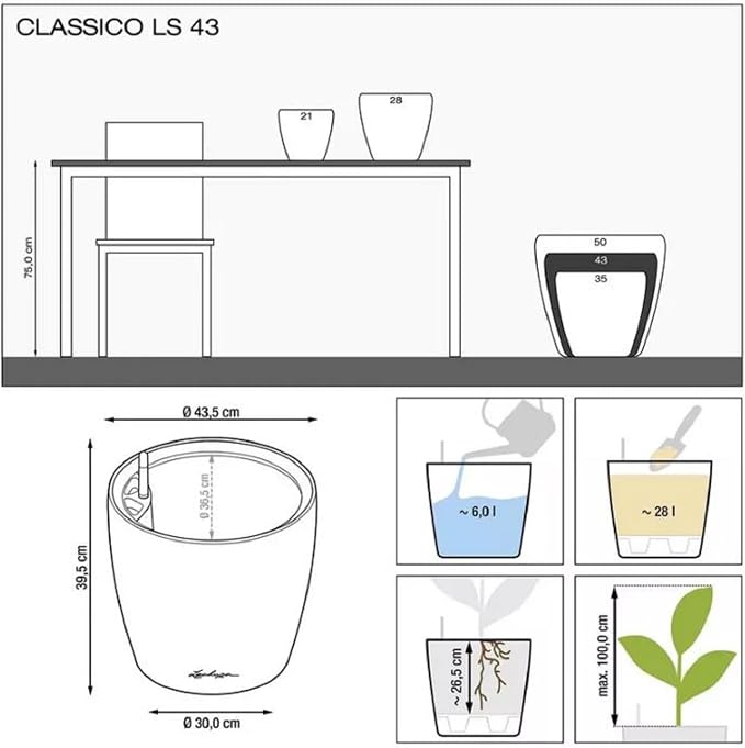 Lechuza Classico Color LS 43 Slate, Self-Watering Round Planter, D16.9 H15.4 in