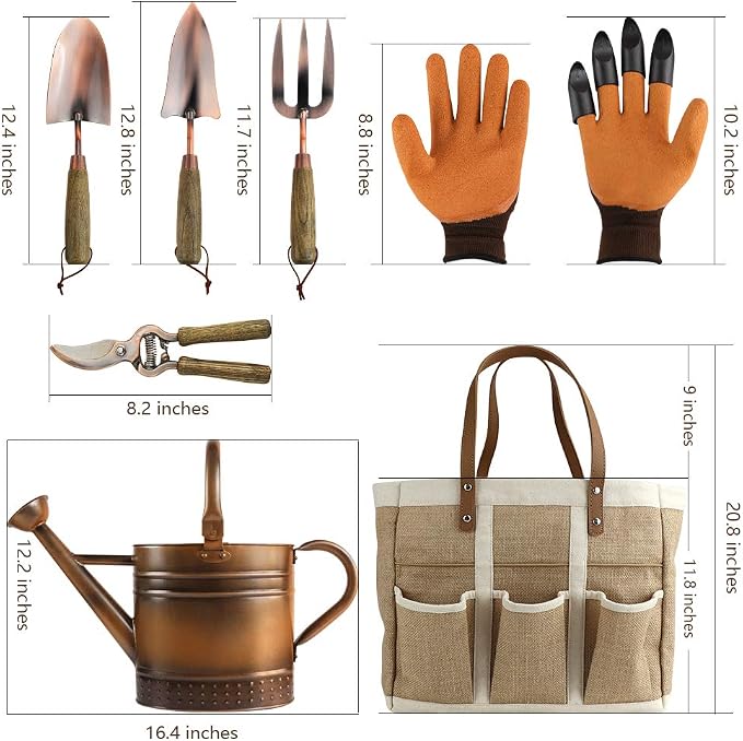 1 Gallon Galvanized Steel Watering Can with 3 Pcs of Garden Tools, 1 Pc of Pruning Shear, 1 Pair of Gardening Gloves，1 Pc of Garden Tools Organizer Tote