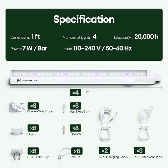 Maygrove Grow Lights for Indoor Plants, Tunable Spectrum 1FT LED Growing Lamp 28W (4 x 7W), T5 Grow Light Strip for Seed Starting, Vegetables, Linkable, White, 4-Pack