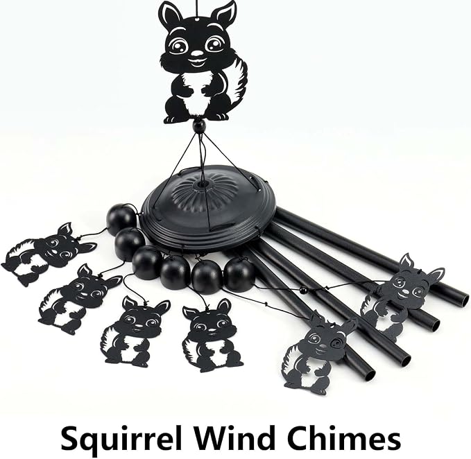 Squirrel Wind Chimes for Outside/Indoors, Squirrel Gifts for Women Mom Grandma, Aluminum Tubes Windchimes S Hook, 37" Wind Chime Hanging Decor for Home Patio Garden Porch Yard (Black-Squirrel)