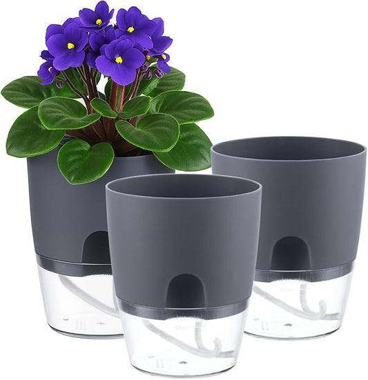 3 Pack Self Watering Pots for Indoor Plants, PlanterHoma 6 Inch Plant Pot Plastic Self Watering Planter for Orchid, African Violet, Small Clear Flower Pots with Drainage Holes and Wicking Rope, Grey