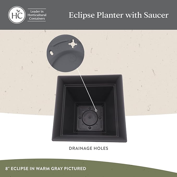 The HC Companies 8 Inch Eclipse Square Planter Pots with Drainage Holes & Attached Saucer, Lightweight UV-Resistant Plastic Indoor Outdoor Planters, 4-Pack Flower Pots for Garden Home Decor, Warm Gray