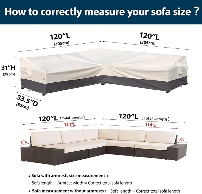 Outdoor Sectional Cover L-Shaped Patio Furniture Covers Waterproof Rip-Stop Anti-UV 600D Heavy Duty Outdoor Couch Sofa Cover with 3 Air Vents (V-Shaped-120''X120''),Beige & Charcoal