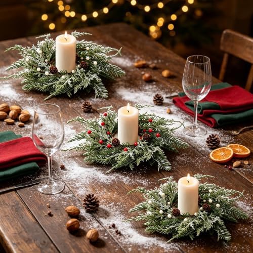 4 PCS Christmas Wreath Candle Rings Mini Wreath Pine Garland Artificial Frosted Cedar and Pine Cone Candle Rings Holder for Christmas Wedding Home Table Centerpiece Door Window Chair Wall - Image 6