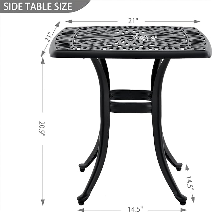 Outdoor 21" Cast Aluminum Square Side Table End Table for Patio, Backyard, Pool, Indoor Companion, Easy Maintenance and Weather Resistant, Black