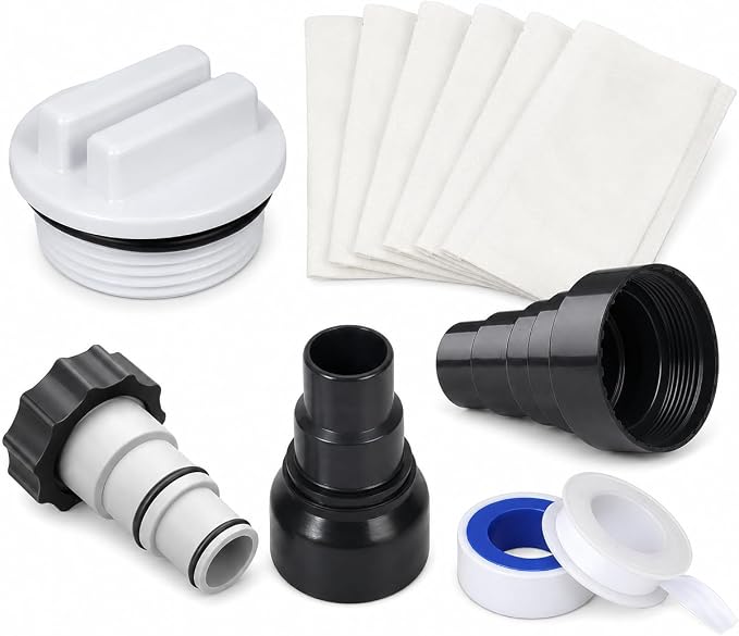 Pool Plumbing & Fittings Kit - Return Cap, Skimmer Socks (5), Hose Adapters (1.25", 1.5", 2", 40mm), Universal Above Ground Pool Pump Adapter + PTFE Thread Tape, All-in-One Repair Set