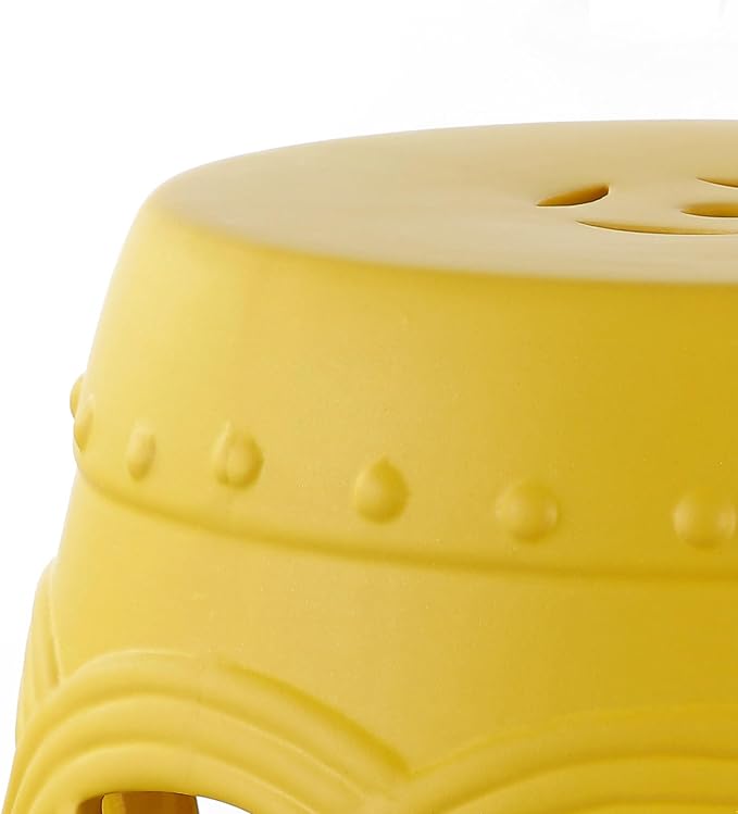 JONATHAN Y Lucky Coins 16" Ceramic Garden Stool, Contemporary Matte Yellow Cutout Interlocking Rings Drum Indoor/Outdoor Side Table and Plant Stand for Patio, Garden, Living Room TBL1022E